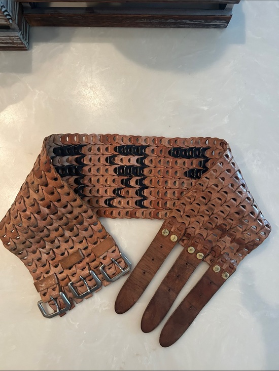 Free People Accessories - Vintage Free People  Collection, Woven Link, Triple Buckle Corset Belt in Cognac